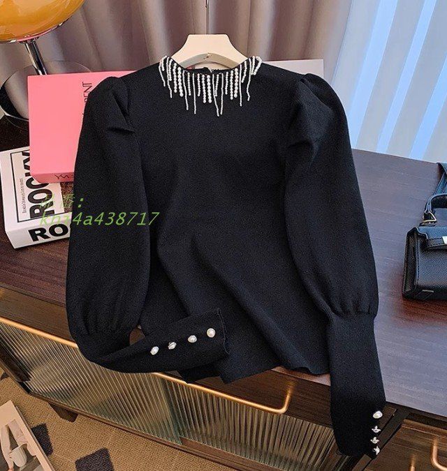  袖パール ニット レディース 秋冬 モックネック カジュアル 長袖 白 黒 スタンド シンプル ニットセーター トップス きれいめ 韓国 kni 4 a 438717 ノースリーブ ニット セーター