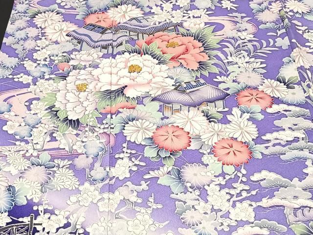 未使用 豪華振袖 刺繍 風景花籬文 暈し染 正絹 青系 ブルー系 未使用 豪華振袖 刺繍 風景花籬文 暈し染 正絹 青系 ブルー系