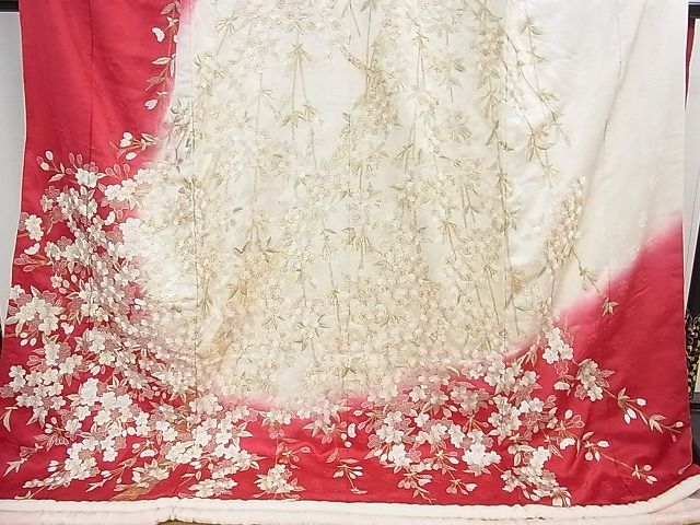 平和屋本店●希少　お引きずり　引振袖・長襦袢(袷)セット　総手刺繍　枝垂れ桜　暈し染め　金糸　逸品　3kh1919 平和屋本店○希少 お引きずり 引振袖・長襦袢(袷)セット 総手刺繍