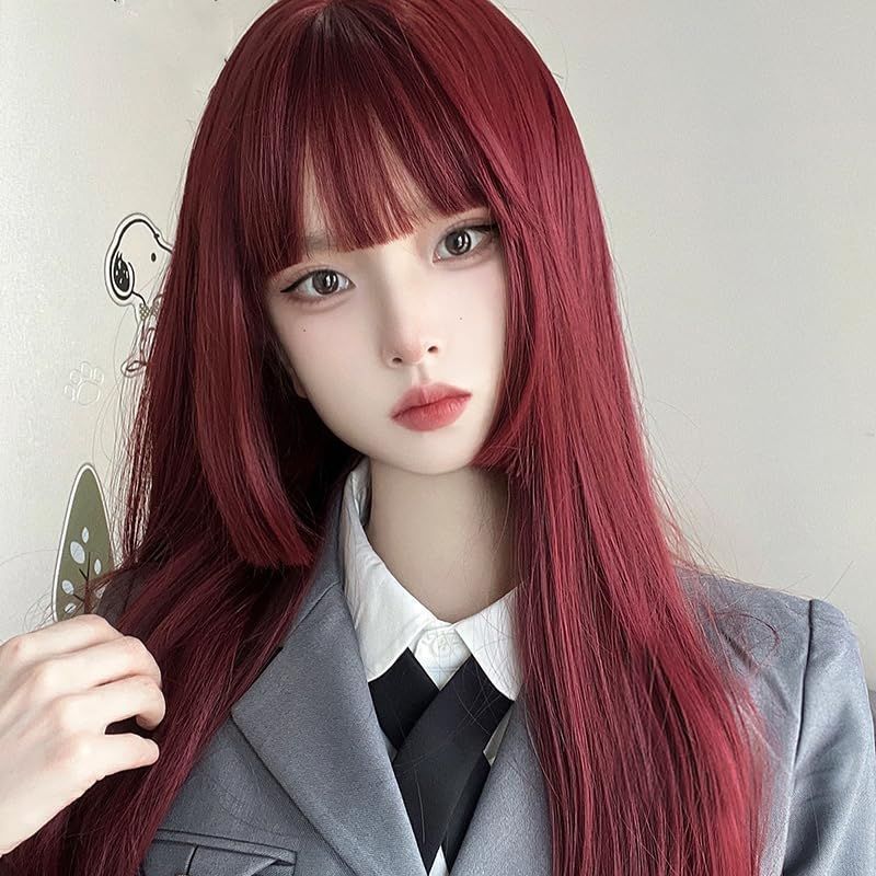 【新着商品】人気 耐熱 自然 Cosplay 原宿系 かつら ピンク 空気感 ぱっつん前髪 姫髪 小顔効果 ストレート 姫カット ネット付き（ワインレッド） ロング ウィッグ