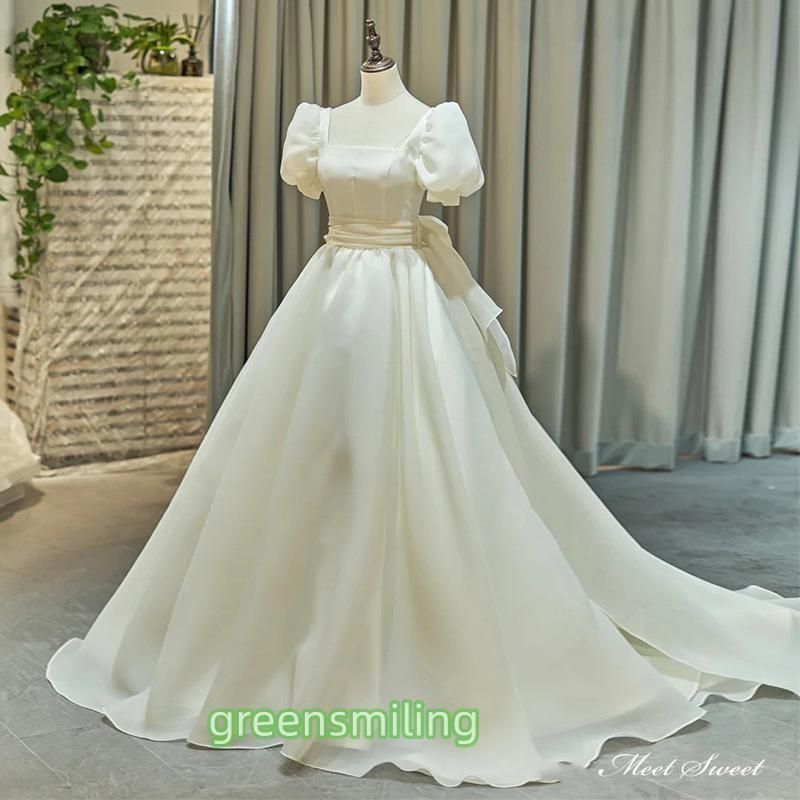 ウェディングドレス ロングドレス Aラインドレス パフスリーブ オーガンジー 半袖 二次会 結婚式 前撮り ブライダル 花嫁
