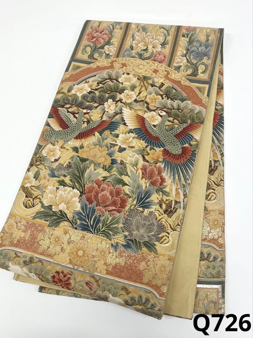 細密織 紹巴 袋帯 鳳凰 鳥 兎 動物 牡丹 金糸 正絹 六通