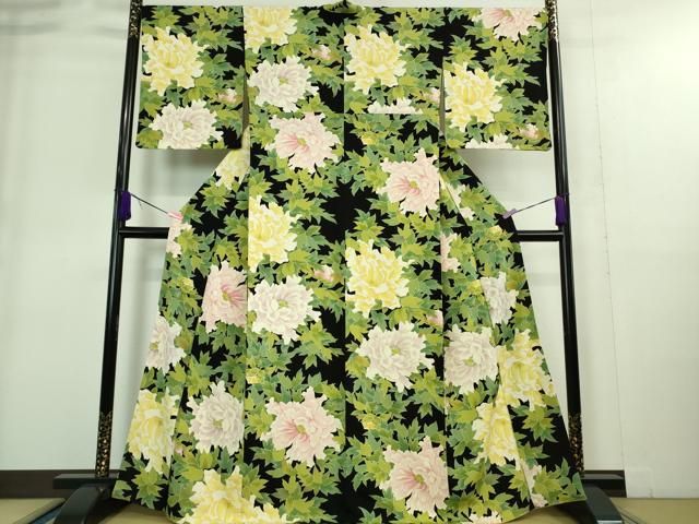 平和屋着物 上 京の名門 友禅 染の北川 小紋 牡丹 黒地 金彩 鬼しぼ縮緬 三越扱い DZAA9238kh5