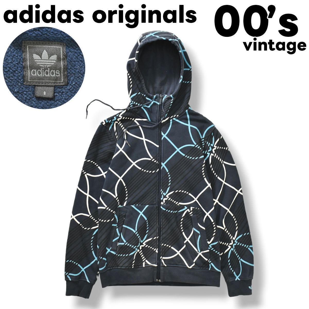 【初期タグ】 00s アディダス オリジナルス adidas originals 総柄 ジップアップ スウェット フーディー S ネイビー メンズ