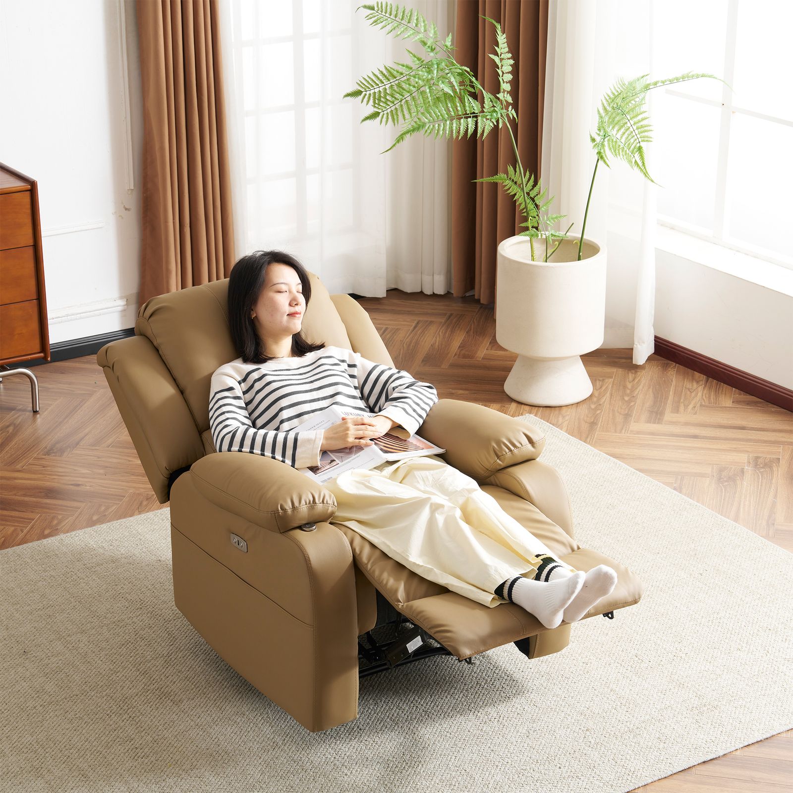 回転式 1人掛け電動リクライニングファブリックオットマン一体型