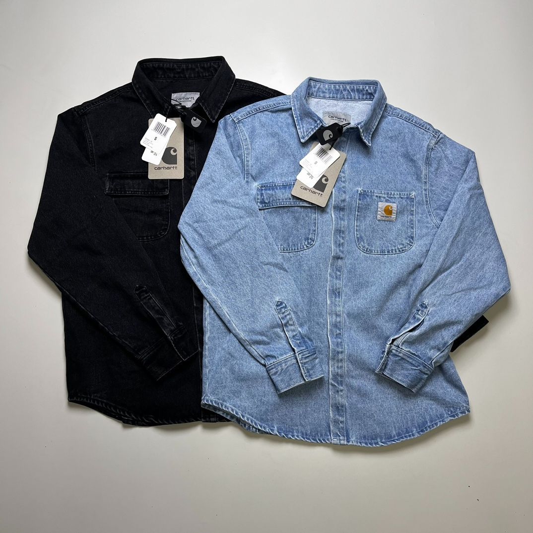 Carhartt 25SS ファッション 春秋クラシック ロゴラベル ダブルポケット ウォッシュド エイジド デニム シャツジャケット