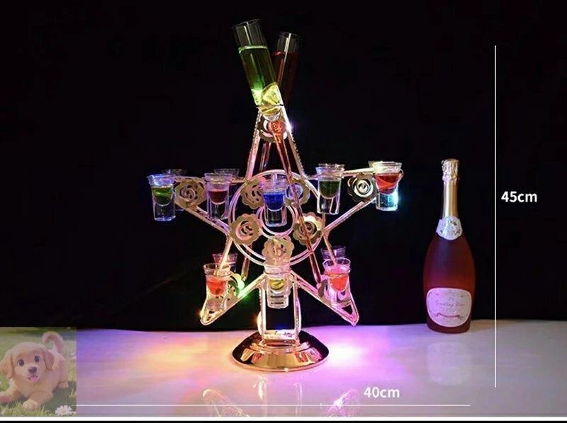 ガラス なし ワイングラス ホルダー ラック テキーラ観覧車 五芒星 LED酒グラス収納ラック 充電式 LED酒ボトルの表示棚 カクテルグラス