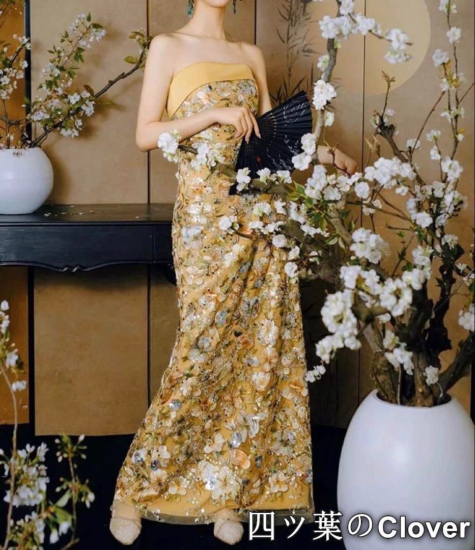 バイカラーがオシャレな花柄のベア イブニングドレス バイカラーがオシャレな花柄のベア イブニングドレス