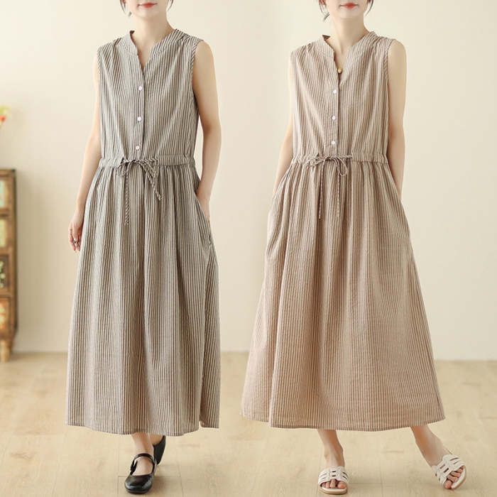 ワンピース レディース ストライプ柄 Vネック ロング丈 春 夏