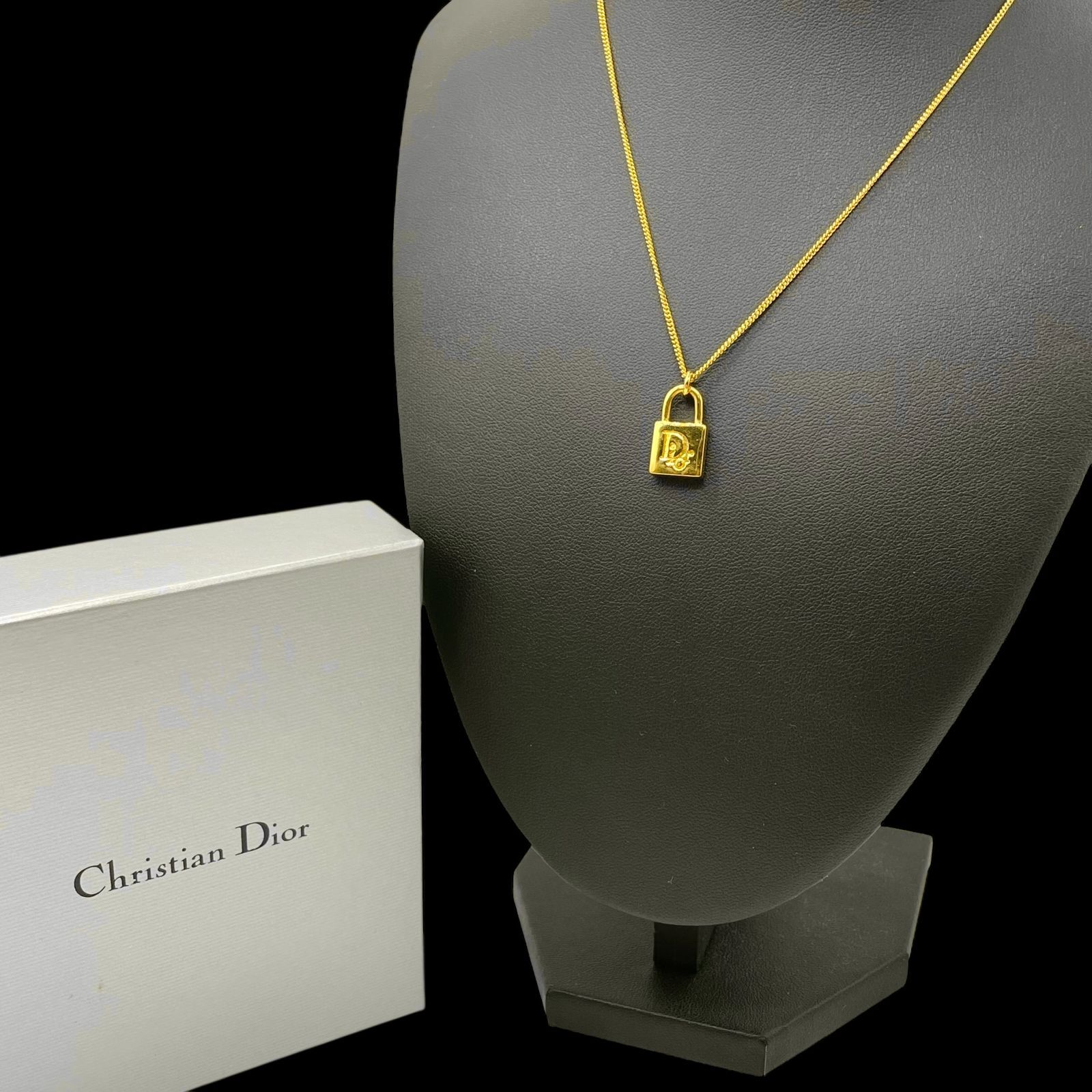 保存 き Christian Dior クリスチャン ディオール Dロゴ 南京錠 ネックレス ペンダント 首輪 ゴールド ジュエリー ヴィンテージ