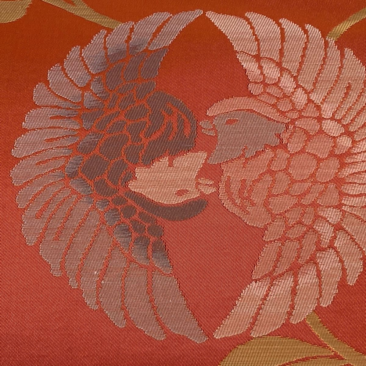 本物の 優品 美品 名古屋帯 向かい鳥 【中古 正絹 オレンジ 箔 花唐草 着物・浴衣