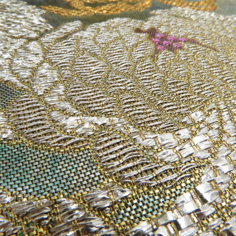 袋帯 綴れ 金糸銀糸 雲取り模様 緑色x金色x銀色 お太鼓柄 正絹