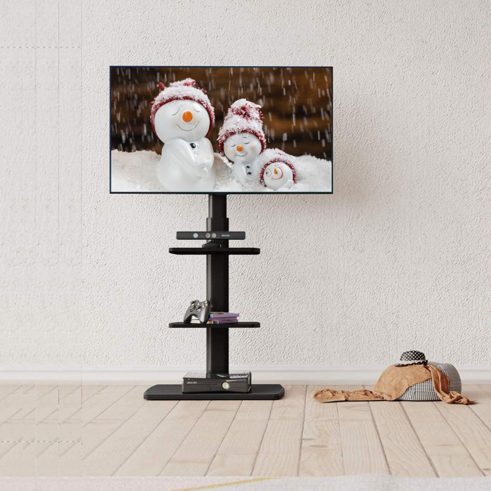 在庫 FITUEYES テレビスタンド ハイタイプ tvスタンド 32～70インチに対応 壁寄せ テレビ台 幅60cmの木製台座 耐荷重40kg VESA600x400mmまで 高さ調整 左右首振り 棚板2枚付き 木目調 ブラック