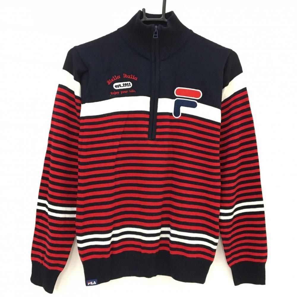 【超美品】フィラゴルフ セーター ネイビー×レッド ハーフジップ 一部ボーダー レディース L ゴルフウェア FILA GOLF