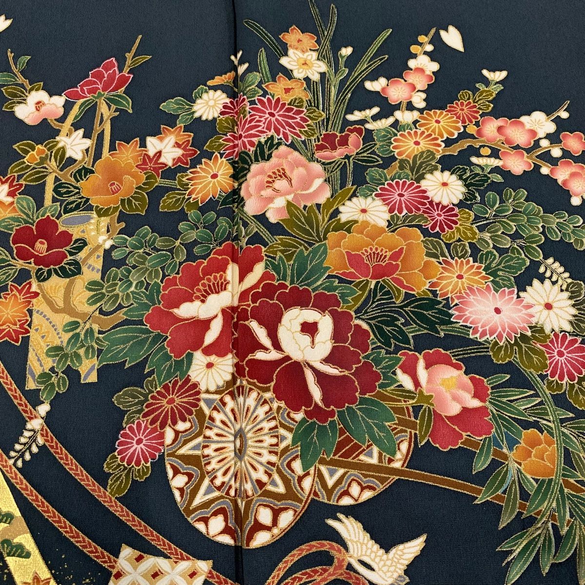 振袖 身長157-172cm 緑 正絹 振袖 身丈157cm 裄丈66cm M 袷 花車 文箱 金彩 ぼかし 深緑 正絹