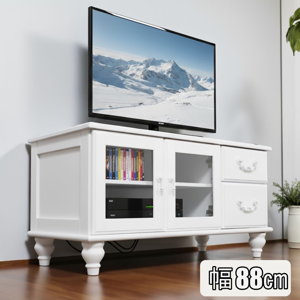 激安で季節を先取り。 K 完成品 レンチカントリー調 テレビ台 テレビボード ローボード 白 幅88cm シャビーシック 姫系 脚部ねじ込み式で簡単設置 アンティーク風 品質保証！