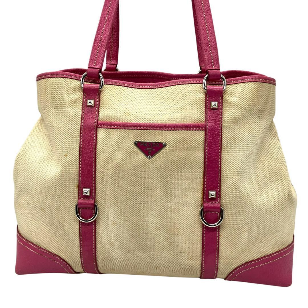 良品 2002 PRADA トートバッグ キャンバス レザー ピンク A4 良品 2002 PRADA トートバッグ キャンバス レザー ピンク A4