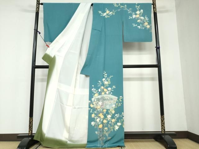 平和屋着物○訪問着 友禅 作家物 地紙風景草花文 正絹 逸品 未使用