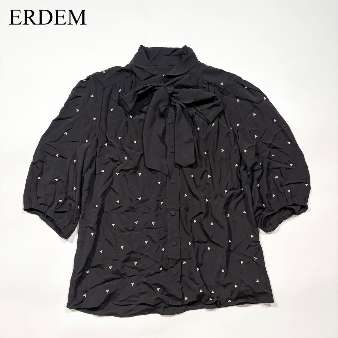 ERDEM アーデム パール ボウタイ シャツ シルク ブラック リボン モード ゆったり 42