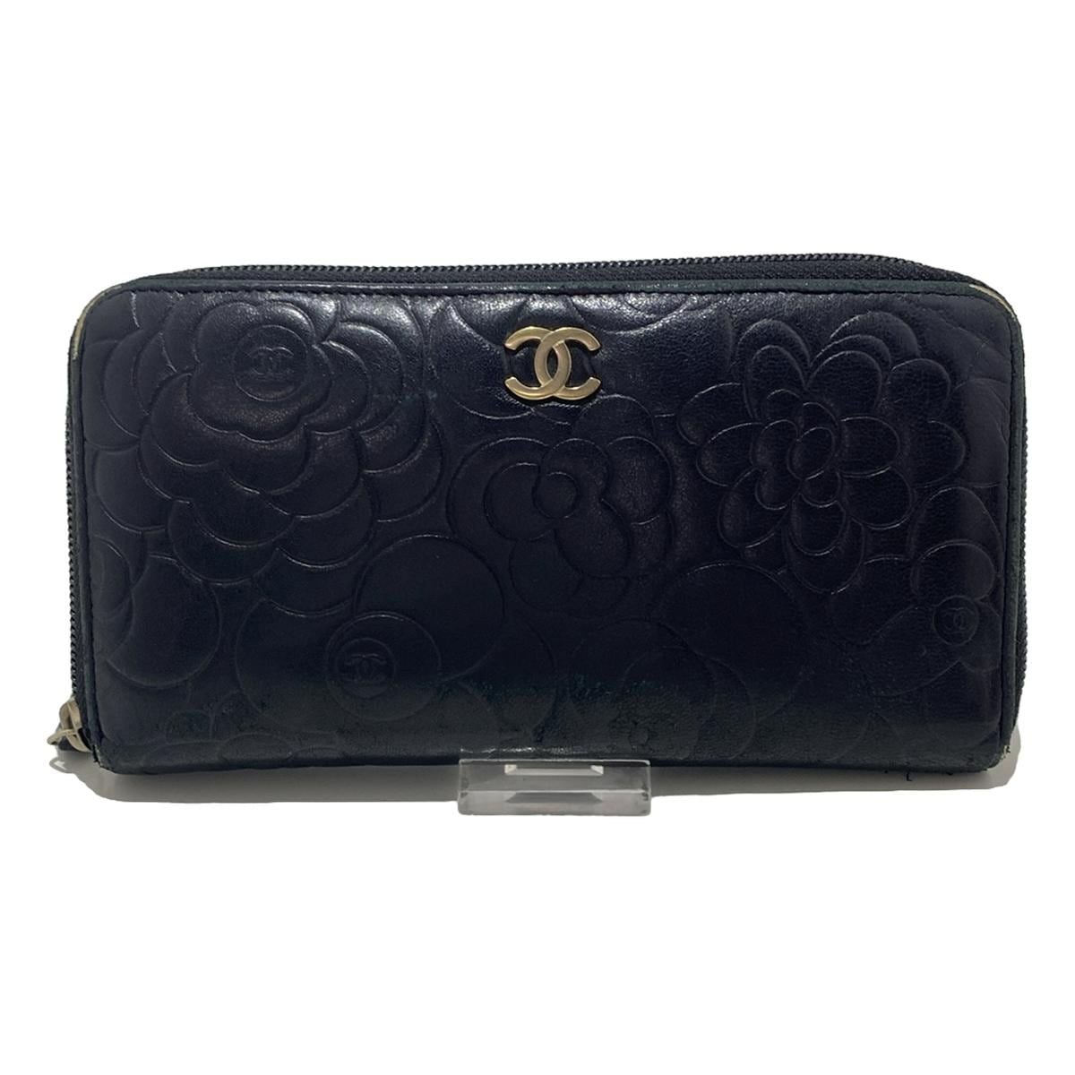 CHANEL(シャネル) 長財布 カメリア 黒 ゴールド金具/ラウンド 