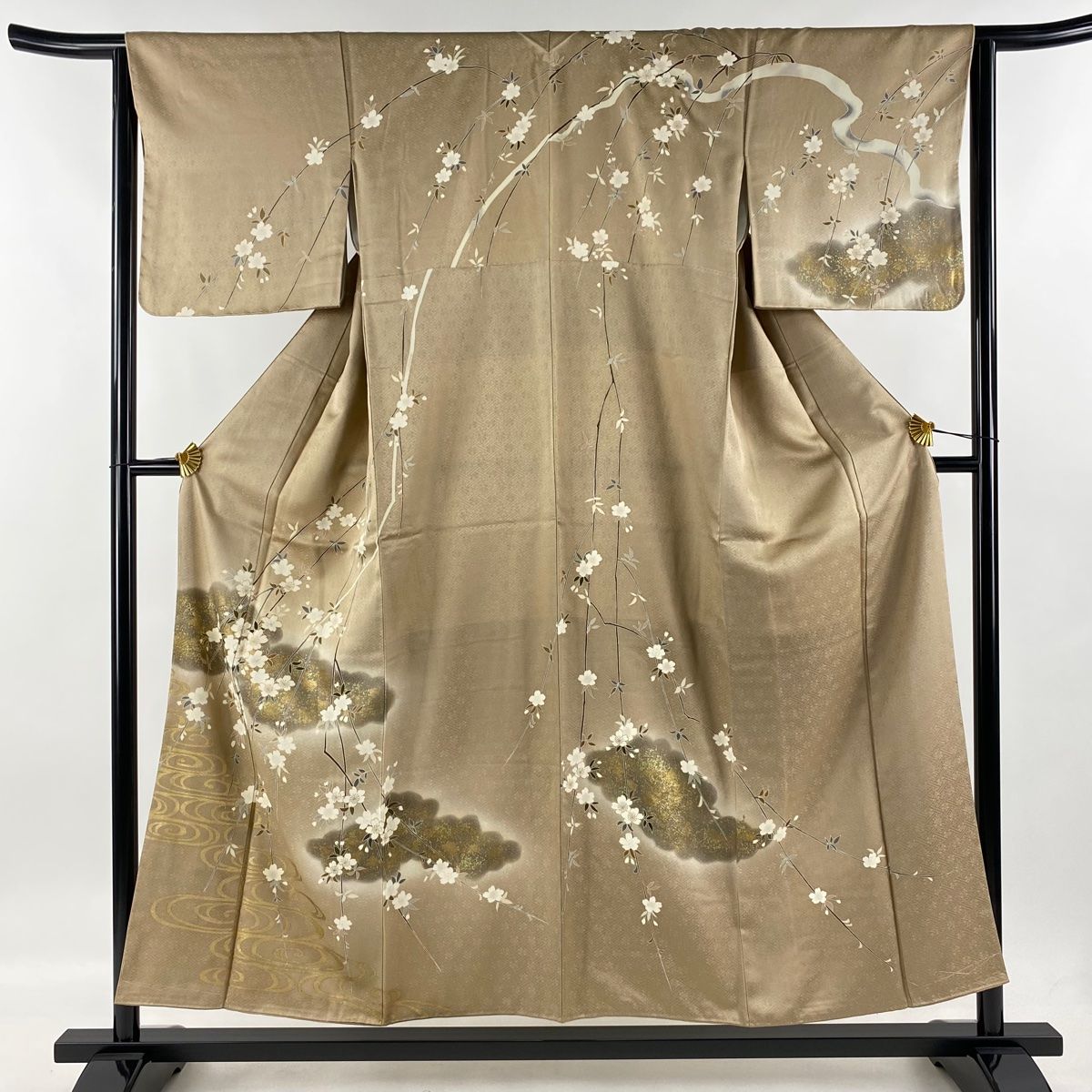 訪問着 身丈154.5cm 裄丈64cm M 袷 枝垂れ桜 流水 金糸 金彩 薄茶色 正絹 名品 一つ紋