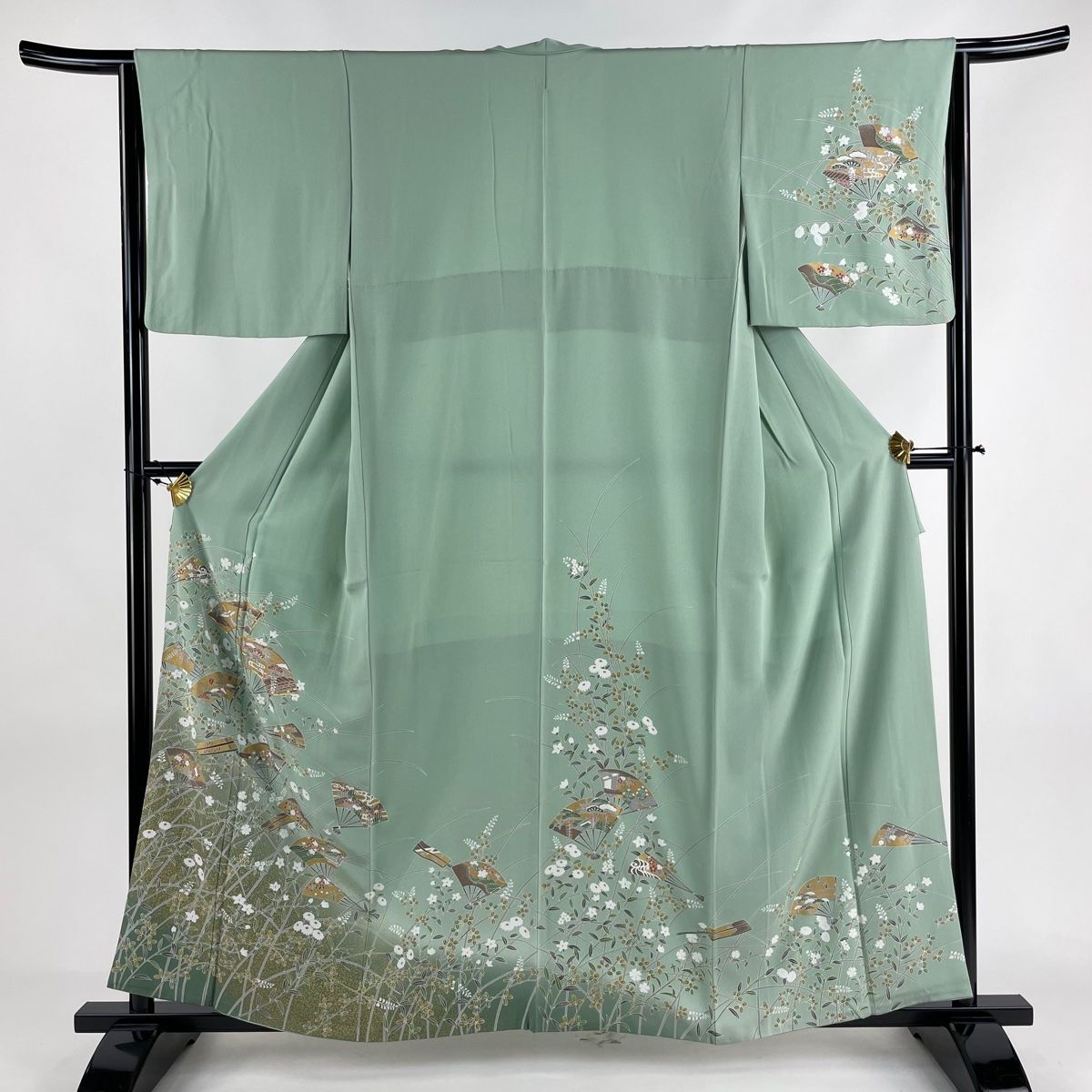訪問着 身丈160cm 裄丈63.5cm S 袷 扇面 鶴 金糸 金彩 薄緑 正絹 秀品