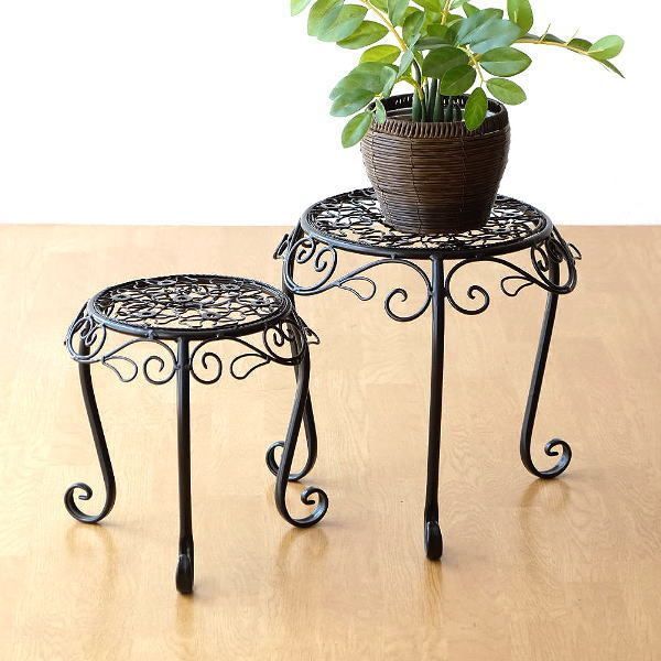 花台 フラワースタンド アイアン おしゃれ アンティーク ブラック 黒 玄関 室内 インテリア プランタースタンド ガーデニング バルコニー ベランダ テラス 花瓶台 鉢置き台 アイアンのプランタースタンド2 Pセット ラウンド