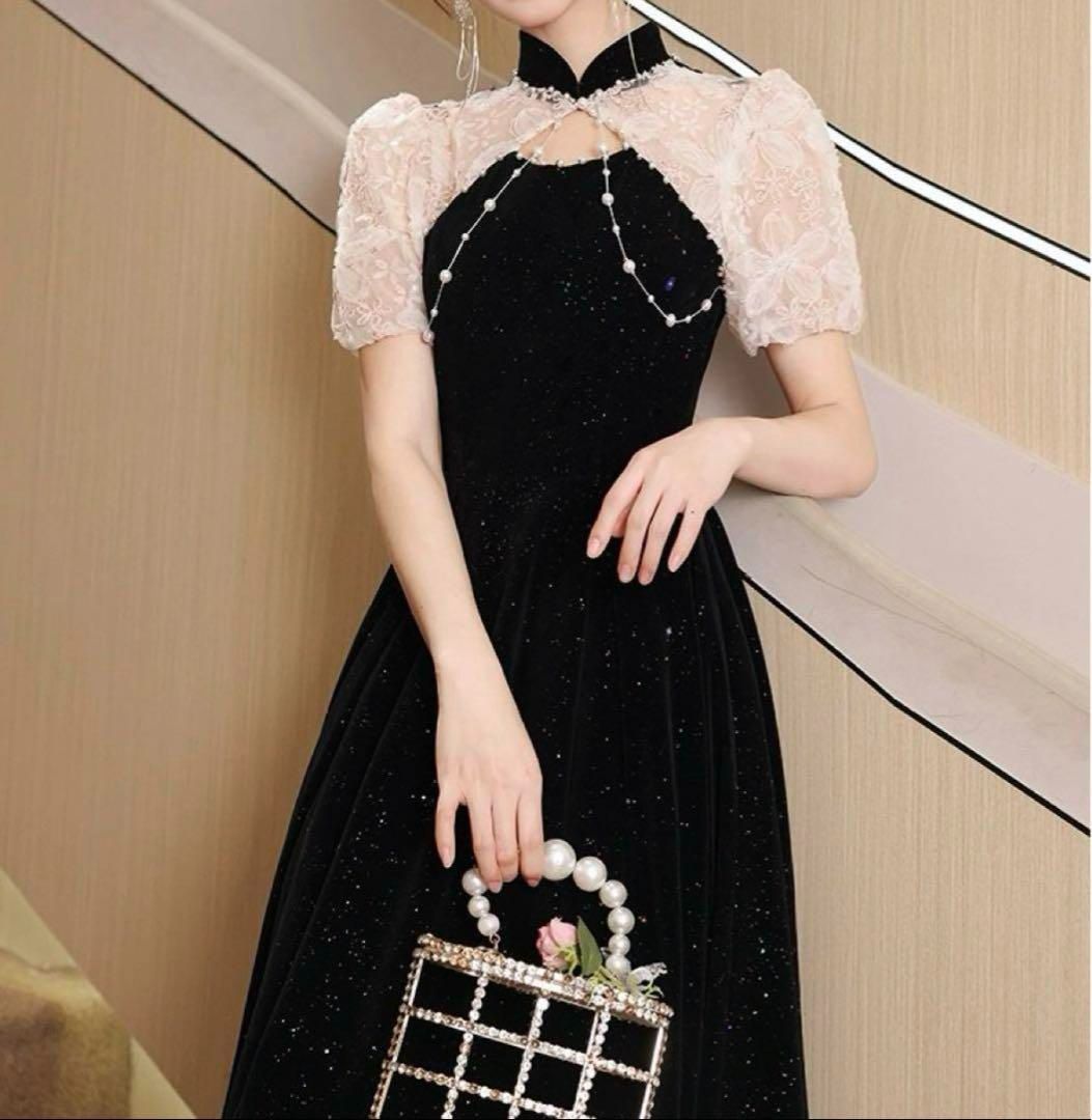 パーティードレス ロングドレス 演奏会 袖あり ラウンドネック 成人式