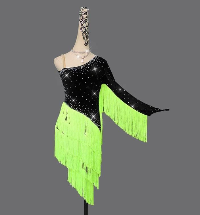 新品未使用ラテンワンピースドレス フリンジ 社交ダンス衣装 グリーン