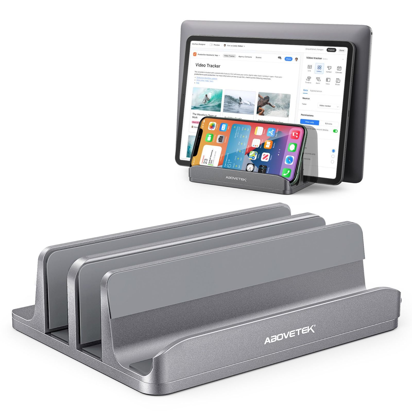 【在庫処分】グレー - 安定 滑り止め アルミ合金素材MacBook/ipad/phone/タブレット対応（最大17.3インチ）省スペース 台 ノートパソコン 幅調整可能 スタンド ノートpc ホルダー 3台収納 縦置き ノ
