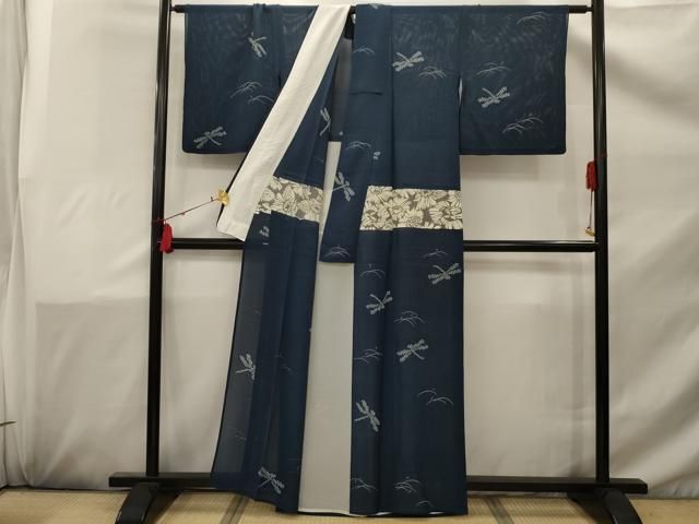 夏物！逸品◎正絹◇絽◇未使用！極上色無地163cm一つ紋(丸に二つ引)紺青 夏物！逸品◎正絹◇絽◇未使用！極上色無地163cm一つ紋(丸に二つ