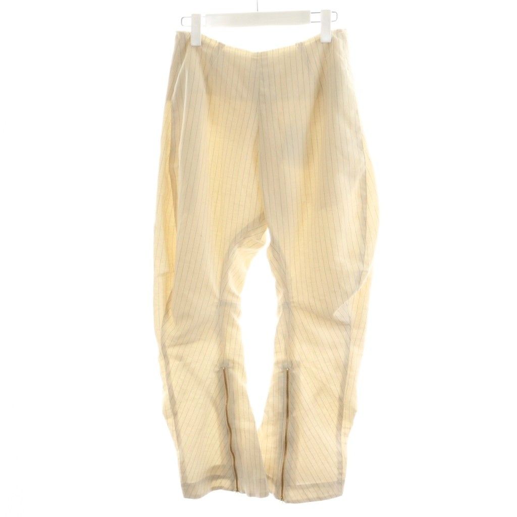 アキコアオキ AKIKOAOKI animalistic trousers ユニークシルエットパンツ ストライプ柄 カットオフ 裾ジップ リネン混 麻 36 ベージュ AA23SS-P02-01 AN23 GY52