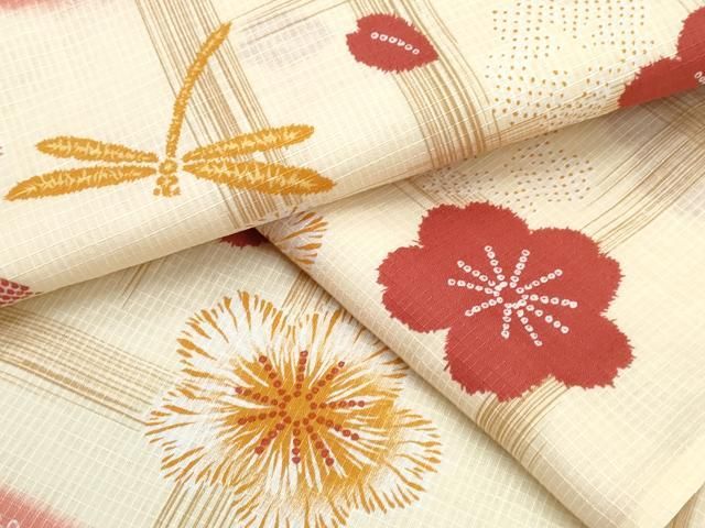 平和屋着物∴夏物　浴衣　綿紅梅　トンボ　蜻蛉　エ霞舞花文　綿　逸品　CAAW1053ng 平和屋着物∴夏物 浴衣 綿紅梅 トンボ 蜻蛉 エ霞舞花文 綿 逸品