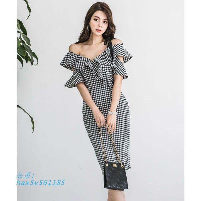 肩出しオフショル フリル半袖 膝丈タイトワンピース 千鳥柄 カジュアル おしゃれ きれいめ レディース セクシー 韓国 hax5v561185