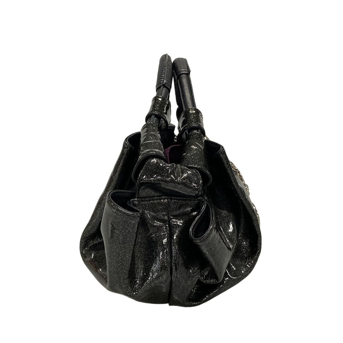 値下げ　美品LOEWE ナッパアイレエナメルチャーム付き LOEWE(ロエベ) ハンドバッグ ナッパアイレ 黒 ラメ レザー