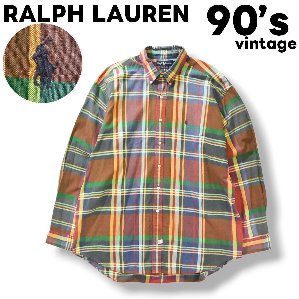 90's ラルフローレン　刺繍ロゴ　長袖チェックBDシャツ　ビッグサイズ　2XL ビッグサイズ】 90sヴィンテージ ラルフローレン RALPH LAUREN
