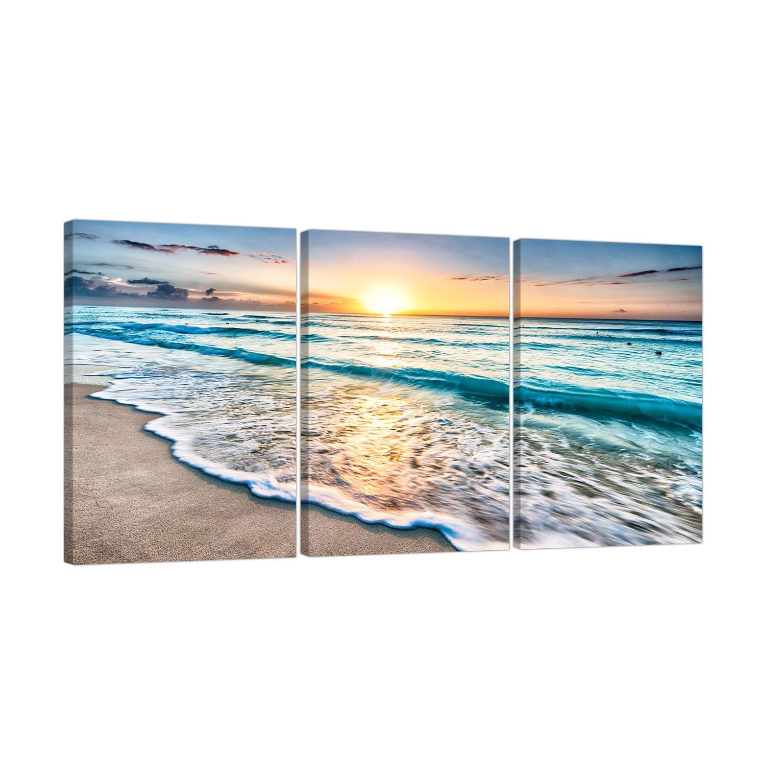 【在庫セール】3X4cmX3pcs， 海の景色の夕日 熱帯の自然の風景現代的な夕日の光の壁画海の景色がソファに掛けられていますリビングルームの背景ホームウォールアート装飾完成した木製フレ