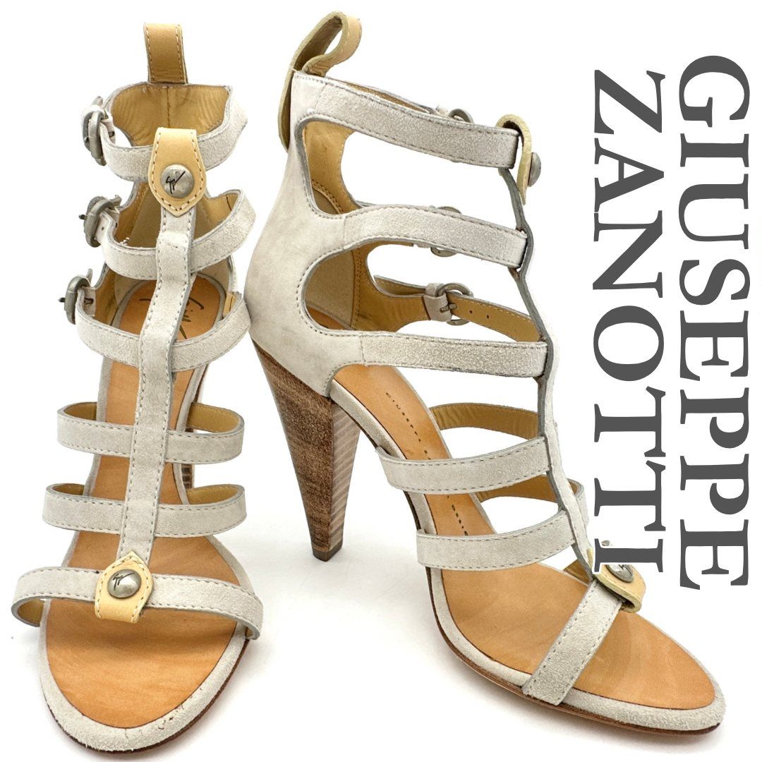 級 GIUSEPPE ZANOTTI サンダル スエード ロゴ金具 グレージュ 2357T