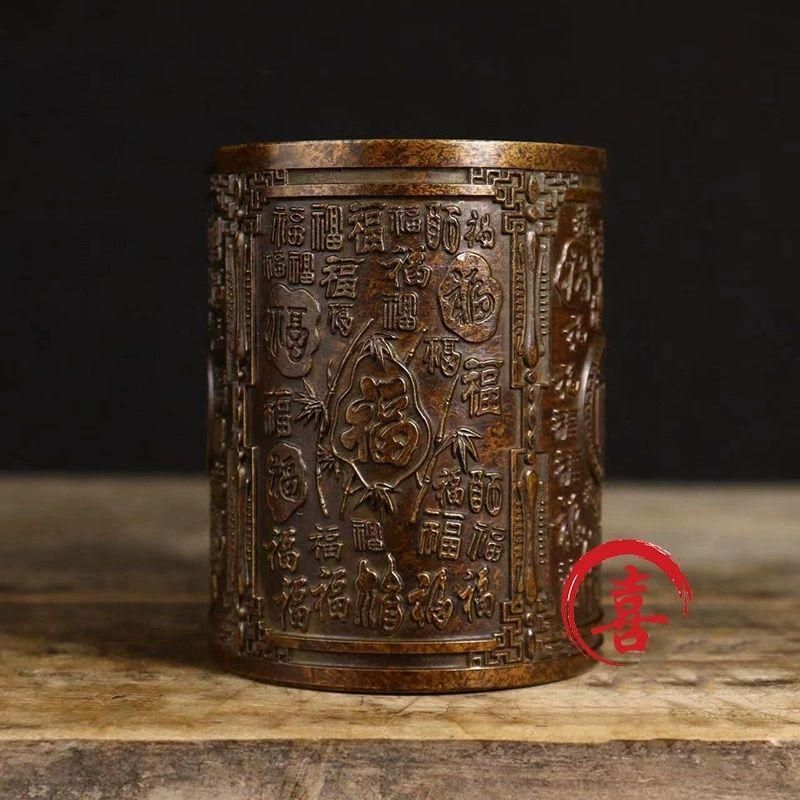 銅 細工 レリーフ百福筆筒 収納箱書道具 文房具 装飾品 工芸品 置物 銅 細工 レリーフ百福筆筒 収納箱書道具 文房具 装飾品 工芸品