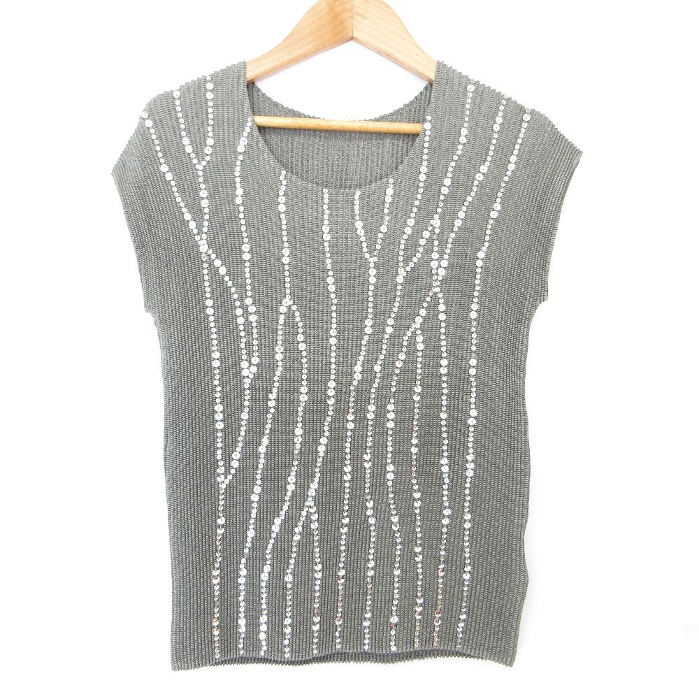 SPECCHIO スペッチオ ビジュー刺繍シャトル フレンチトップス スパンコール プリーツ カットソー 40 グレー レディース 古着