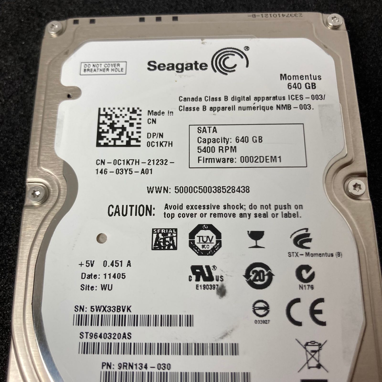 Seagate 640GB 2.5" 9.5mm SATA 3.0Gbps HDD 約 2900回／ 29k h | ST9640320AS | /seagate【541】