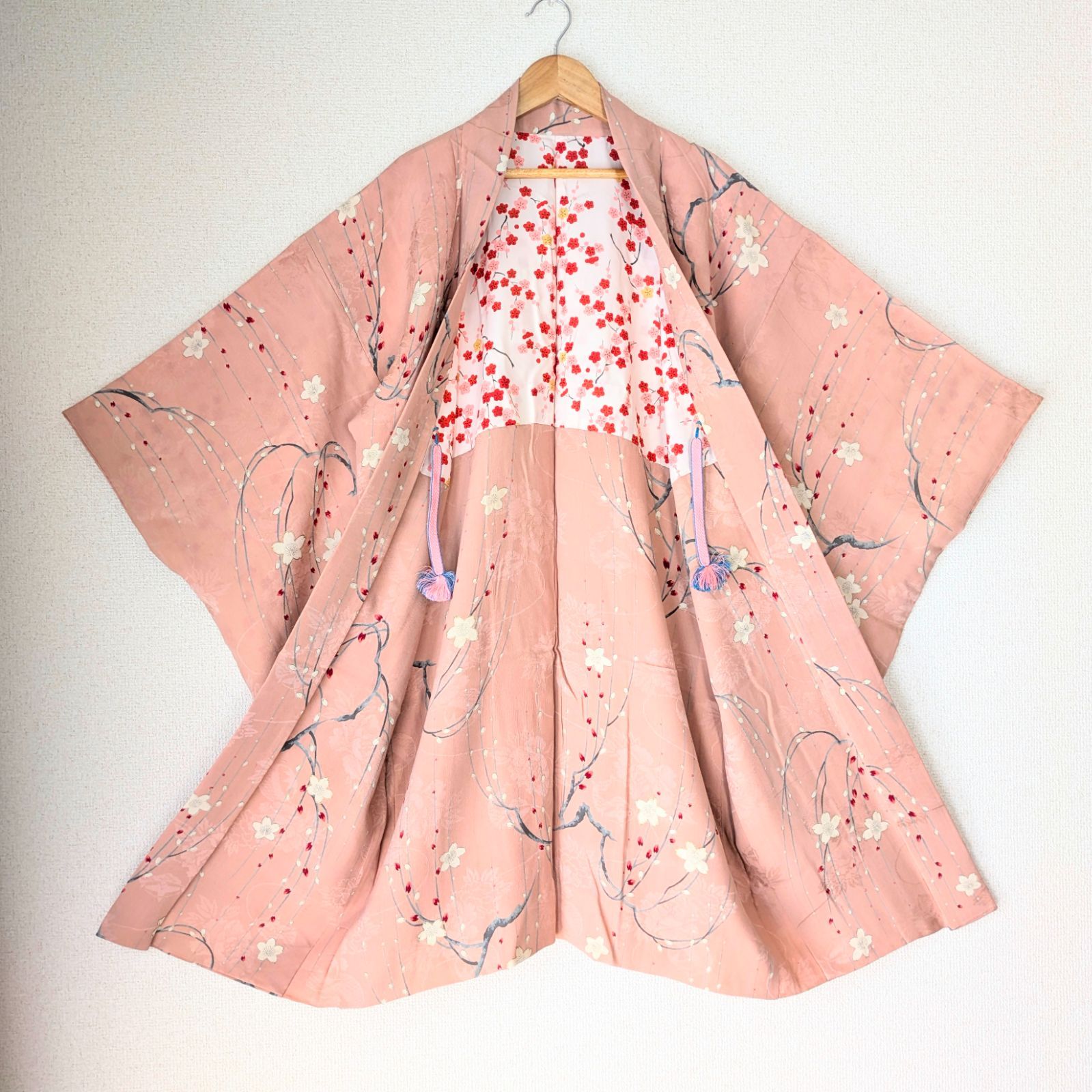 Japanese Vintage Haori Long Chirimen Pink Sakura Pattern Silk 