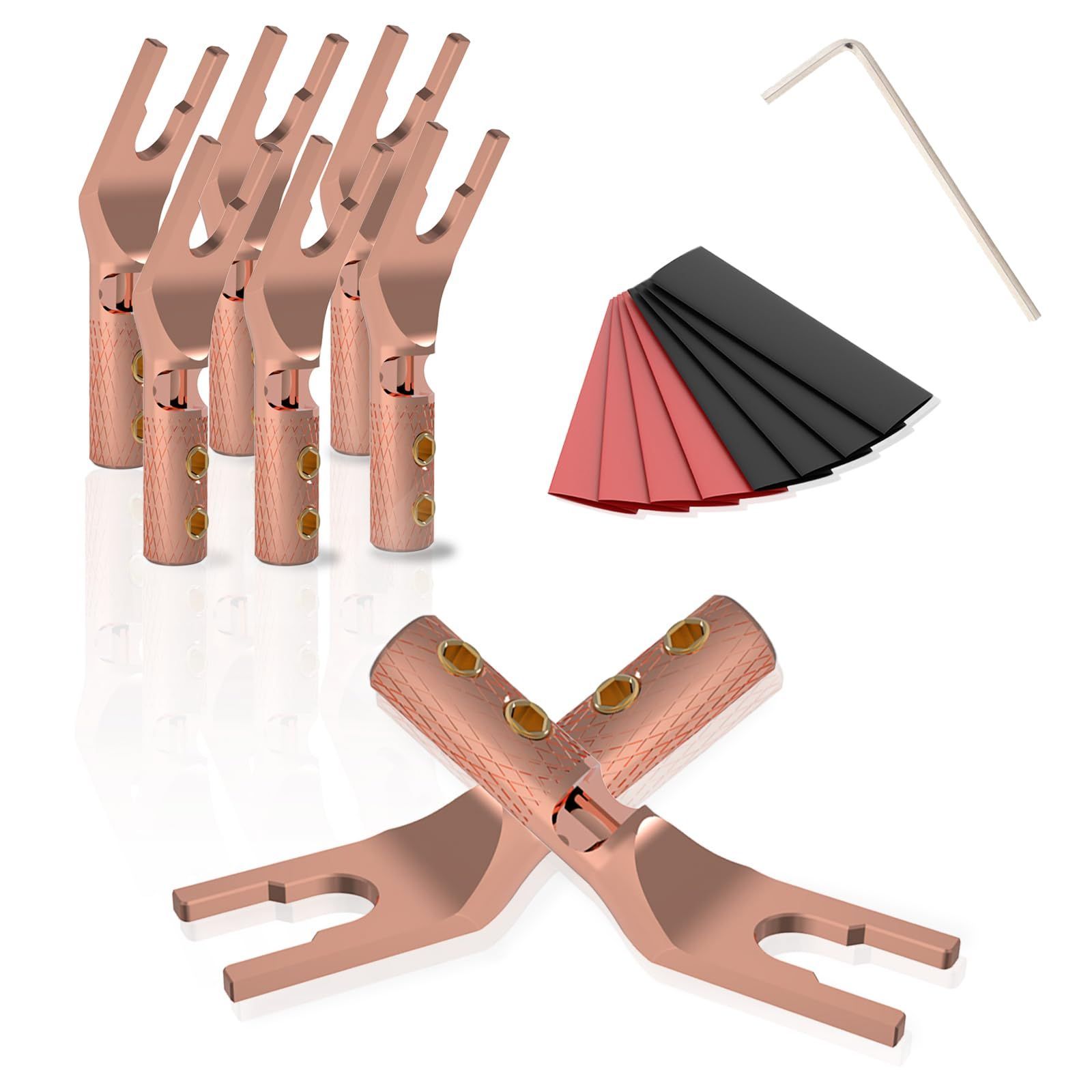 導電性 コネクターに最適 6-14Awgスピーカーワイヤー バナナプラグ 無半田接続 Yプラグ 純銅オーディオ Y型プラグ 熱収縮チューブ8枚付き スクリューロック 8枚 スピーカー オーディオスピー