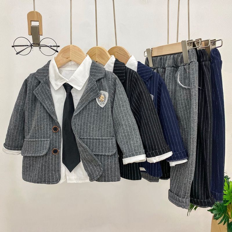 ベビースーツ フォーマル 男児スーツ スーツ 男の子 キッズ フォーマル 子供 スーツ 点セット 紳士服 男の子 ジャケット＋シャツ+ズボン タキシード ストライプ柄 ゴムウェスト子供服 七五