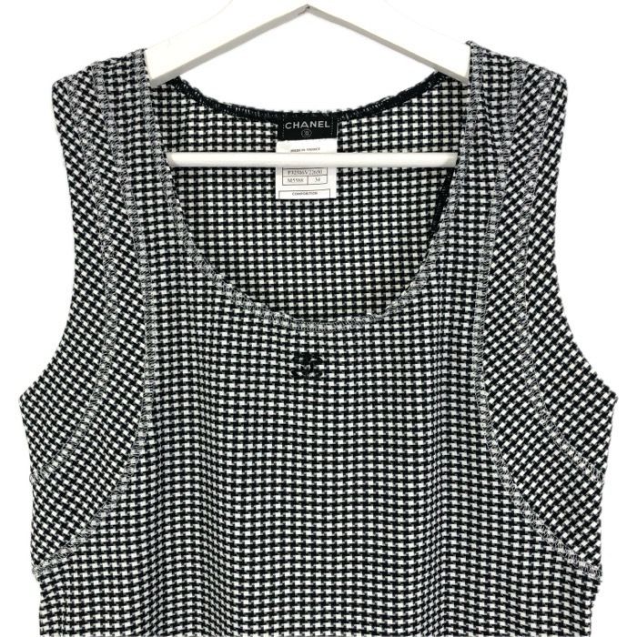 CHANEL シャネル ノースリーブ チェック柄 ストレッチ カットソー ブラック×ホワイト サイズ34 XS-S相当 レディース