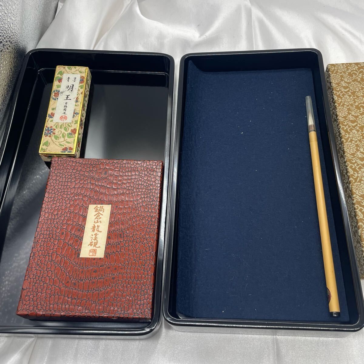 書道具セット 硯箱 墨 硯 筆 青緑石 印材 アンティーク 和文具
