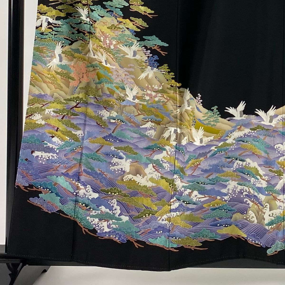 黒留袖 身丈158.5cm 裄丈62cm S 袷 落款 鶴 笠松 蘇州刺繍 黒 正絹 秀品