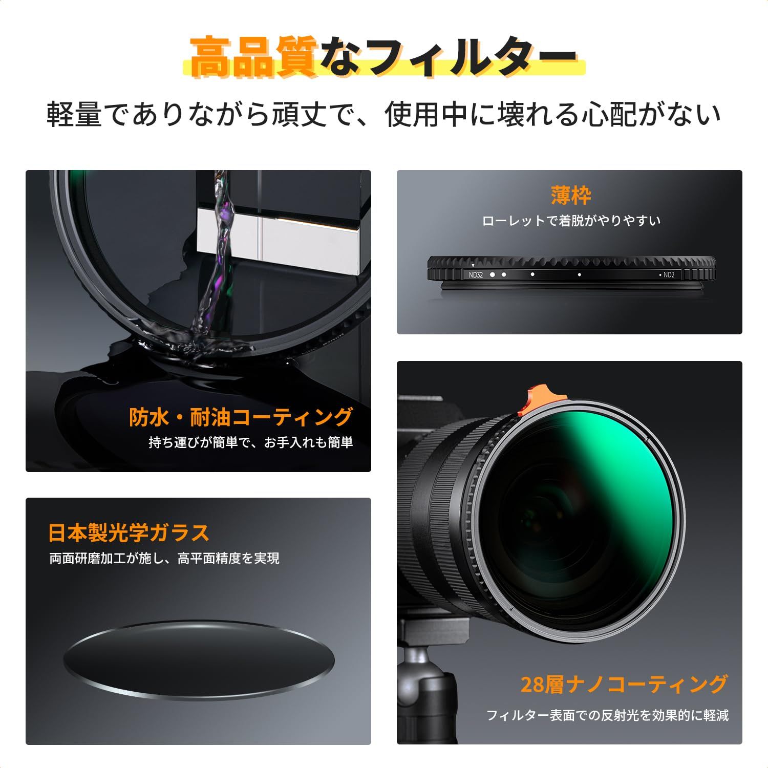 新品 K&F CONCEPT 62mm 可変NDフィルター ND2-ND32 TRUE COLOR 黄色