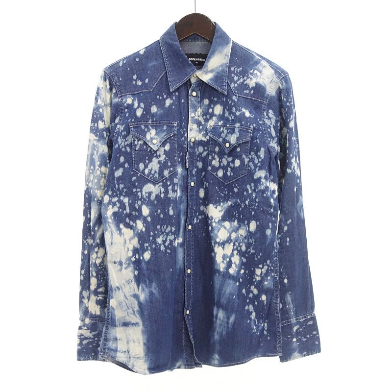 ディースクエアード2|DSQUARED2 INDIGO ACID WASH WESTERN ブリーチ加工 シャツ ネイビー サイズ メンズ46
