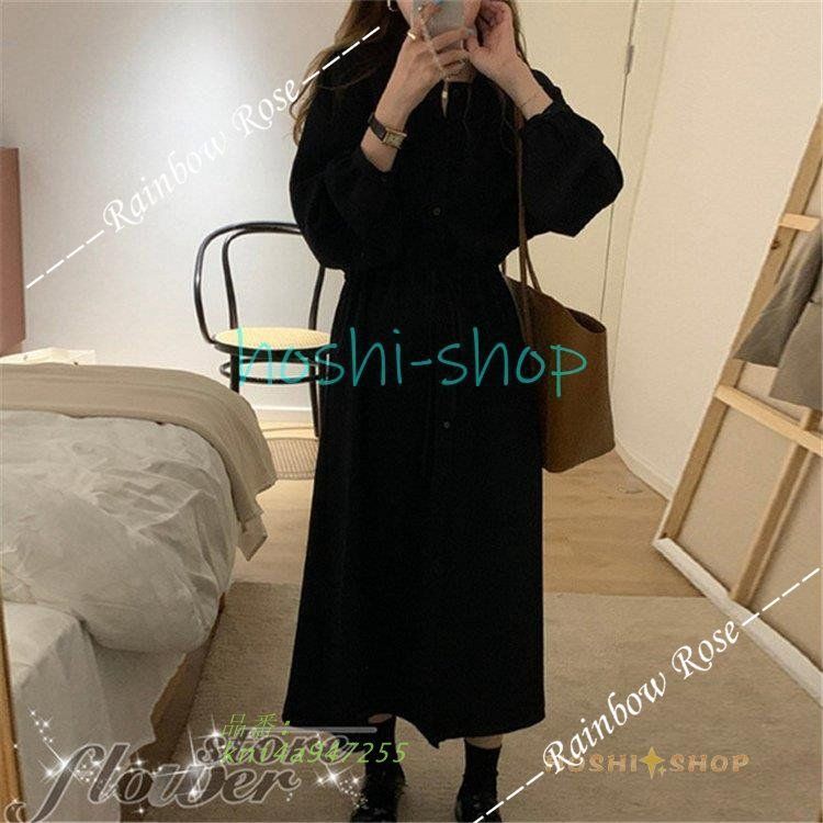 シャツワンピース レディース 40代 きれいめ マキシワンピース 秋服 ゆったり韓国風 オシャレ大人 長袖ワンピース 黒Vネック 50代 お出かけ Aラインスカート kni4a947255